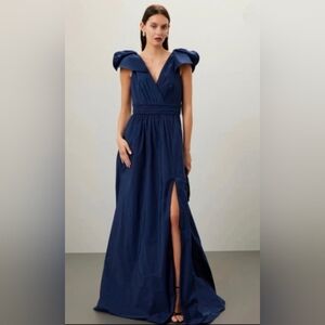 Marchesa Notte Bow Ruffle Taffeta Empire Ball Gown in Navy Size 10